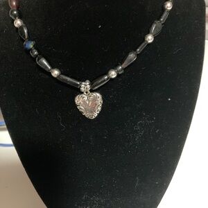Handmade black and silver beaded choker, silver heart charm, vintage inspired